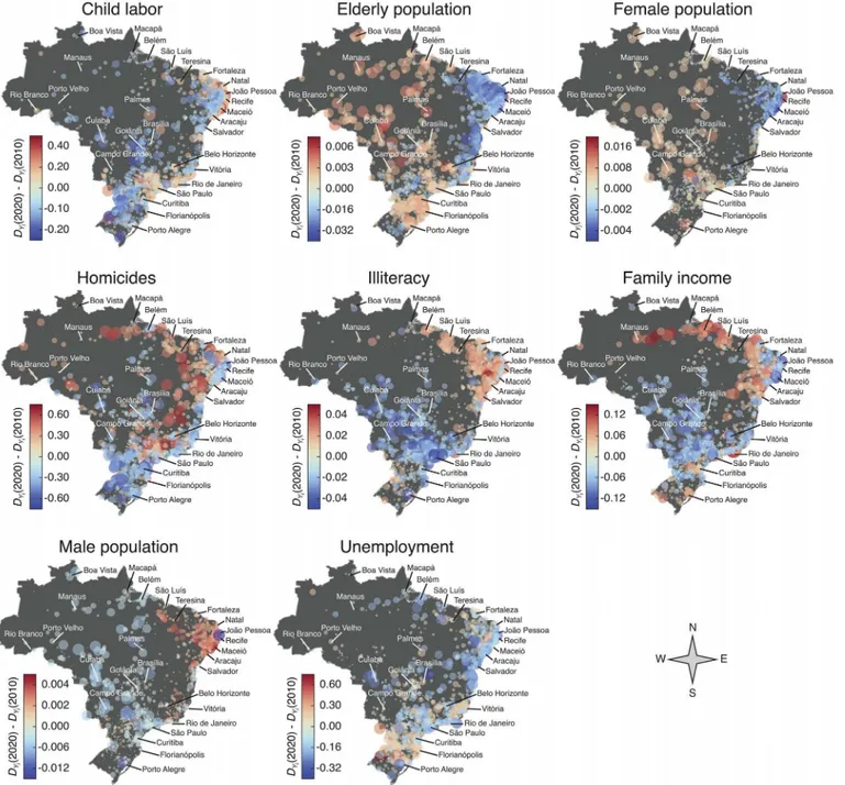 Fig 5. Geographic visualization of the predicted changes in the scale-adjusted metrics D Y
