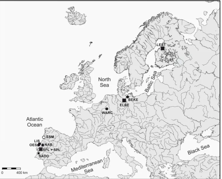Fig 1. Sampling sites of Lampetra populations in Europe. Species: &amp;, L. fluviatilis; ● , L