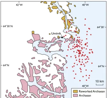 Fig. 3. The calculated epicentres for the swam earthquakes near Umiivik,  on the South-East Greenland coast.