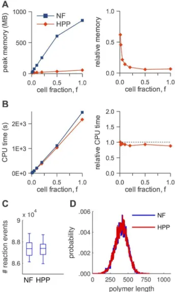 Figure 6. HPP performance analysis for the actin polymeriza- polymeriza-tion model. (A) peak memory usage (left: absolute, right: relative to NFsim); (B) CPU run time (left: absolute, right: relative to NFsim); (C) number of reaction events fired during a 