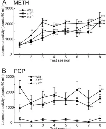 Figure 5. Effects of repeated METH and PCP on the locomotor activity in GluR e 1 2/2 and GluR e 4 2/2 mice