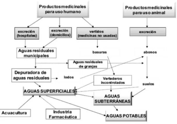 Figura 2: Posibles fuentes de origen de residuos farmacéuticos en el medio acuático  (adaptado de Pacheco, 2011)