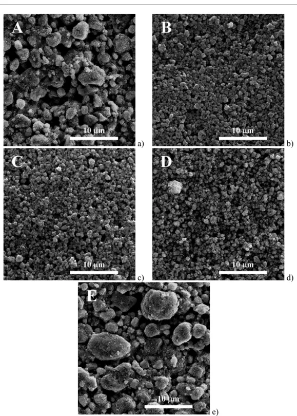 Fig. 2. SEM micrographs of the TiO 2  films sintered at 475°C from slips with different  binders: (A) PEG 1000, (B) PEG 4000, (C) PEG 6000, (D) PEG 8000, (E) PEG 20000