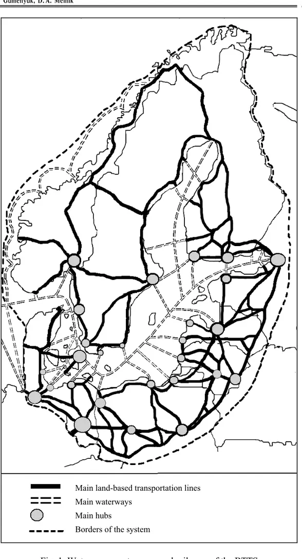 Fig. 1. Waterways, motorways and railways of the BTTS Main land-based transportation lines 