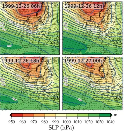 Figure 3. Synoptic situation of the storm Lothar: colour shading depicts the sea level pres- pres-sure, whereas blue contours indicate the geopotential height at 500 hPa