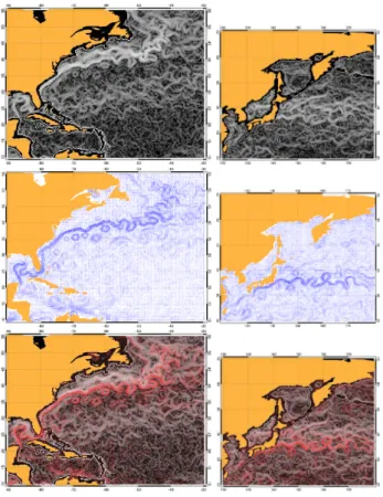 Fig. 2. From top to bottom: Singularity exponents derived from MW SST for two di ff erent areas and times; altimeter-derived geostrophic velocities for the same locations and times; and superimposition of both fields
