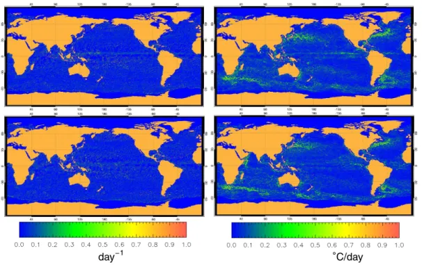 Fig. 3. Time averages of the absolute value of advective derivatives of singularity exponent maps (left) and SST (right), for a period of three consecutive days