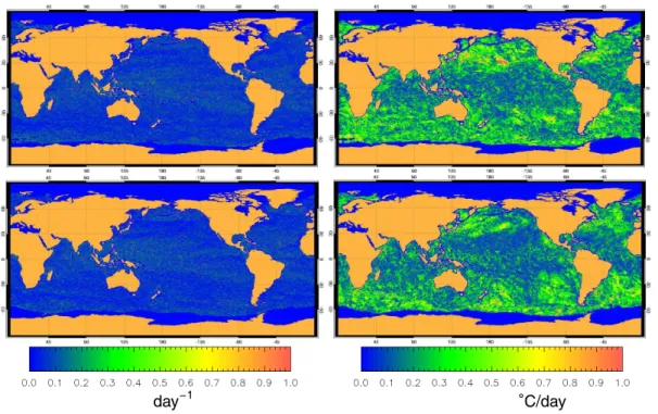 Fig. 4. Time averages of absolute values of material derivatives of singularity exponent maps (left) and SST (right) for a period of three consecutive days