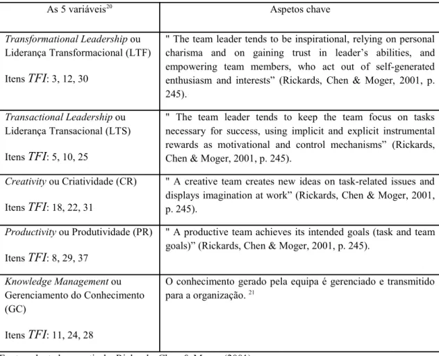Tabela 2: As variáveis do TFI e seus aspetos chave