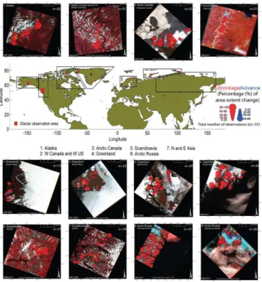 Fig. 1. Satellite-derived area changes of 321 GIC in the Pan-Arctic. Changes are shown as rates during the observation period from ca