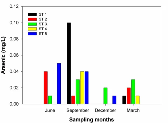 Figure 9. Concentrations of Arsenic (mg/L) in the Tinau River in different seasons at different stations