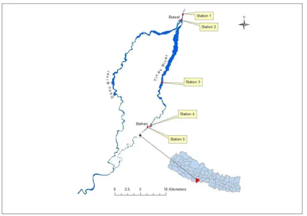 Figure 1. Map showing the location of sampling sites in the study area (Tinau River) 