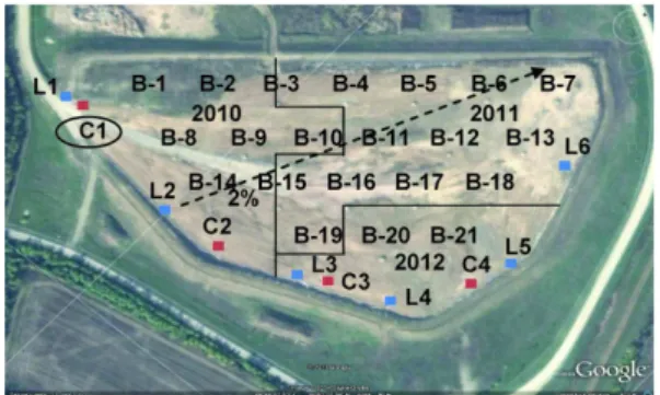 Figure 2 provides a satellite image of  the active cell of the landfill with the  schedule of LFG wells where  measure-ments were performed, while the schematic  view of the structure of a typical LFG well  is given in fig