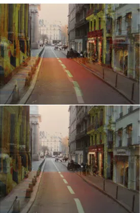 Figure 10: Saint Sulpice: close up on road marks (top) and on the left sidewalk (bottom) before (left) and after (right) hybrid calibration