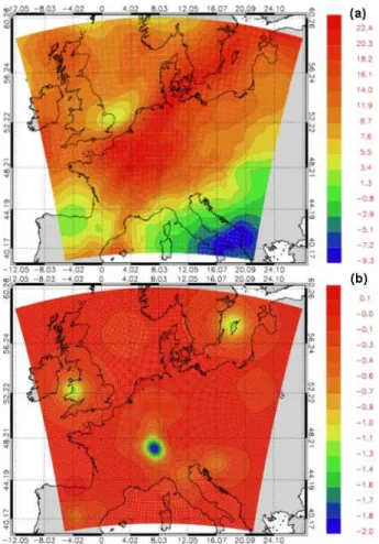 Fig. 4. (a) Background of the zonal wind component (m s −1 ) at 500 hPa at 12:00 UTC on 1 July 2012; (b) analysis increments (m s − 1 ) at the same time of (a)
