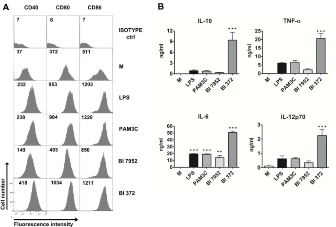 Fig 1. Stimulation of bone marrow-derived dendritic cells with Bl 7952 and Bl 372. Bone marrow-derived dendritic cells (BM-DC) from na ï ve mice were cultured with formalin-inactivated Bl 7952 or Bl 372 (10 7 CFU/ml) for 18 h