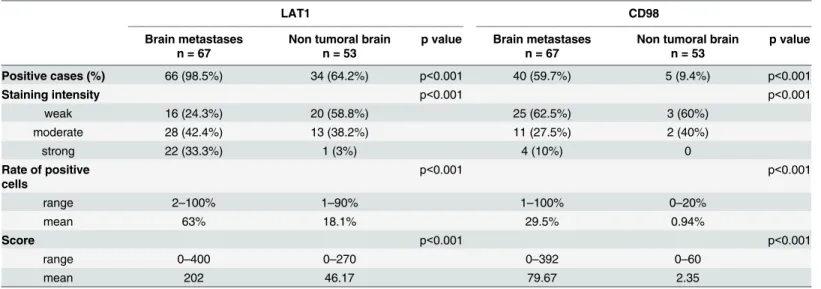Table 2. Expression of LAT1 and CD98 in brain metastases and in non-tumoral brain.