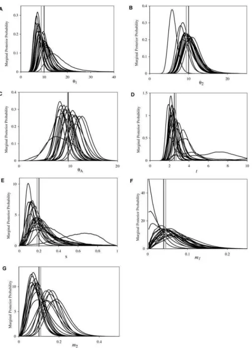 Figure 4. The Marginal Densities Obtained by Fitting the Model with Population Size Change to Simulated Data