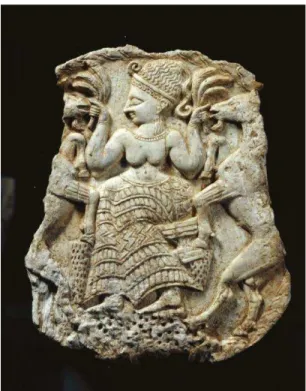 Figure 1: Lid of a pyxis with mistress of animals, c. 1250 BCE, Minet el Beida, Port of Ugarit, Tomb 3, elephant ivory