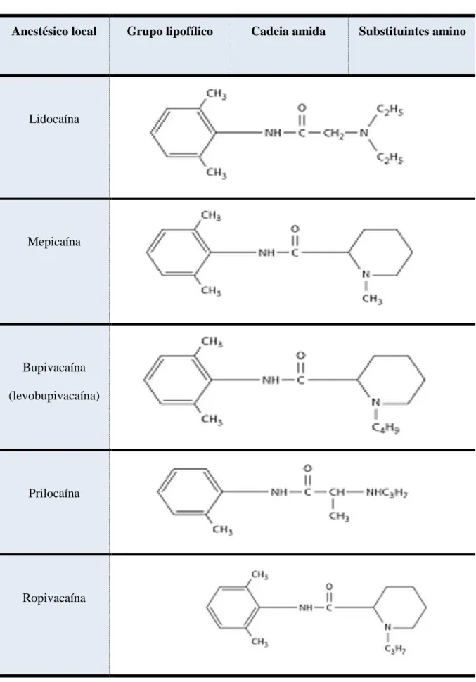 Tabela  2:  Estrutura  química  de  anestésicos  locais  do  grupo  amida  (Nettis,  2001)