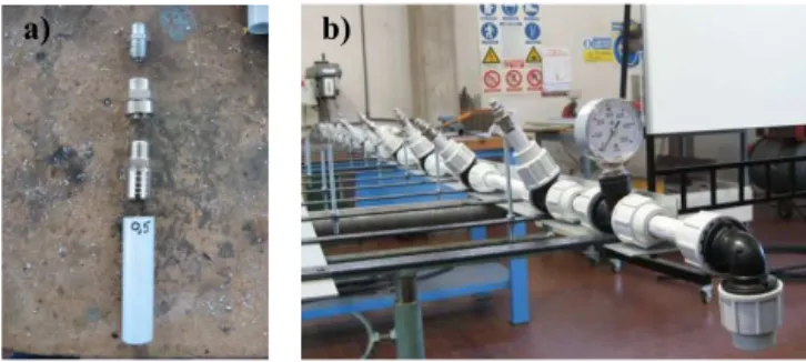 Figure 1. Nozzle line setup. (a) Nozzle assembly. The threaded pressure washing nozzle was connected to a short length of PVC pipe using two connectors