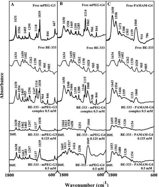 Figure 4. FTIR spectra and difference spectra (diff.) in the region of 1800-600 cm 21 of hydrated films (pH 7.4) for free mPEG- mPEG-PAMAM-G3 (A), mPEG-PAMAM-G4 (B) PAMAM-G4 (C) (0.5 mM) and their BE-333 complexes obtained at different BE-333 concentration