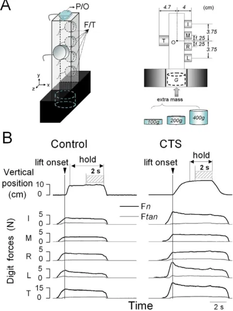 Figure 1. Experimental setup and variables. Panel A shows the grip device used for the experiments