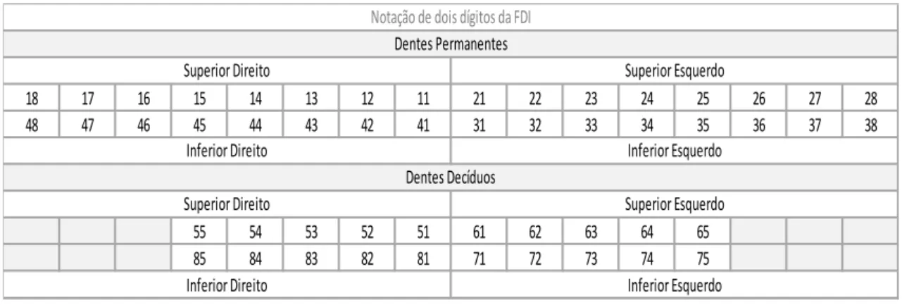 Tabela 2. Sistema de notação dentária da Organização Internacional de Padronização (Sistema ISO)  baseado na FDI (Adaptado de Bath-Balogh e Fehrenbach, 2012)