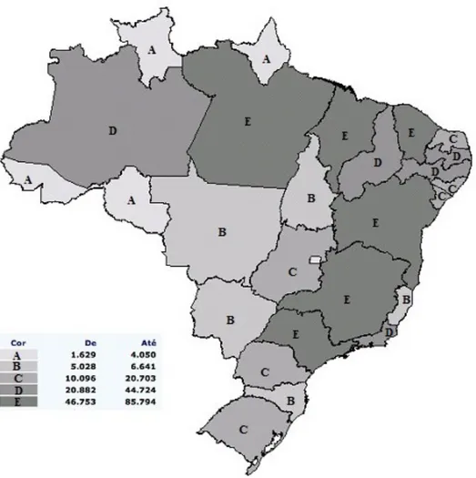 Figura 4. Número de famílias conviventes residentes em domicílios particulares cujo rendimento  nominal mensal familiar per capita é de até ¼ de salário mínimo (salário mínimo = R$ 510), por estado,  Brasil, 2010