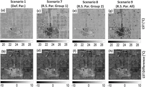 Figure 6. Noah/UCM simulated LST maps using di ff erent urban surface parameterizations: