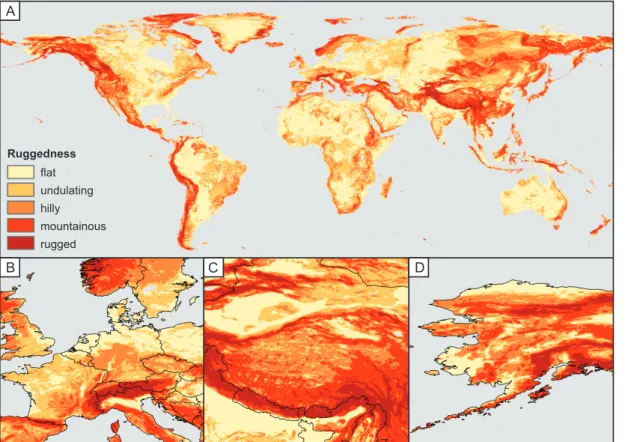 Fig. 4. Ruggedness Index displayed in five classes on a global overview (A) and in three inset maps to aid subjective familiarization: (B) Europe, (C) Tibetan Plateau, and (D) Alaska.