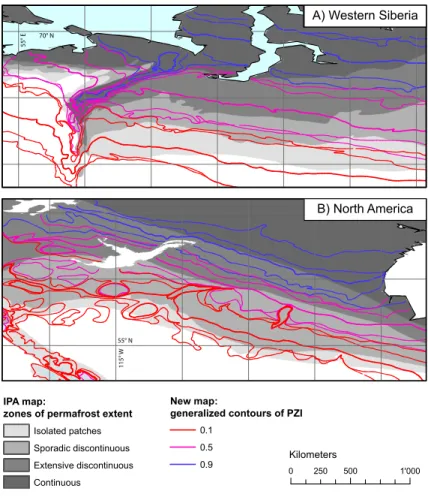 Fig. 5. Comparison of IPA map classes with contours derived from calculated PE for sub- sub-regions in (A) Western Siberia, and (B) North America