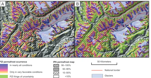 Fig. 6. High-resolution example of the PZI map in a remote region in the Pamirs. Part (A) shows the best-guess PZI as derived from the NM parameter set