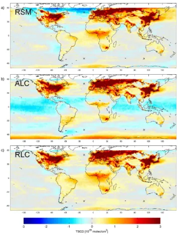Fig. 8. Difference of mean tropospheric SCDs T RSM − T ALC (a), T RSM − T RLC (b), and T RLC − T ALC (c) for January 2003–2008.