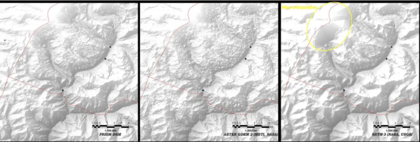 Figure 4.  Visual comparison of PRISM DSM (0.3 arcsec, left), ASTER GDEM-2 (1 arcsec, middle) and SRTM-3 (3 arcsec, right)  for the same area