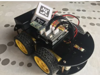 Figure 9 shows the fully assembled smart car with the ArUco tracking cube mounted on  the top of it