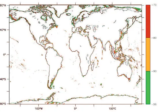 Fig. 6. Areas flooded during MWP-1A. Changes in relative sea level from − 96 m to − 70 m are plotted from the most recent update (version 12.1) of a global bathymetry (Smith and Sandwell, 1997) with 1 min spatial resolution ranging from 81 ◦ S to 81 ◦ N.