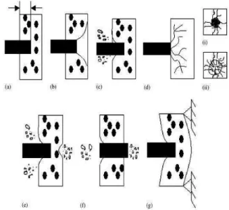 Fig. 1: Explains the local impact phenomena caused by  hard  projectile.  (a)  Penetration;  (b)  cone  cracking  and  plugging;  (c)  spelling;  (d)  radial  cracking;  (e)  scabbing;  (f)  perforation  and  (g)  global impact phenomena (Li et al., 2005) 