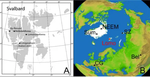 Figure 1. (a) Map of Svalbard with the locations of Lomonosovfonna and Holtedahlfonna