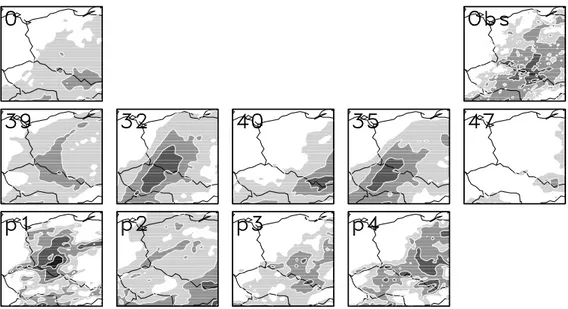 Fig. 5. 72h accumulated precipitation in the Odra region from the DMI-HIRLAM ensemble forecast started at 12UTC, 1997-07-04