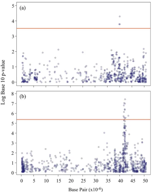 Fig 4. Association analysis for seed oil content on chromosome 19 (Gm19) in soybean. Negative log10 p-values from a genome-wide scan are plotted against marker positions on chromosome 19