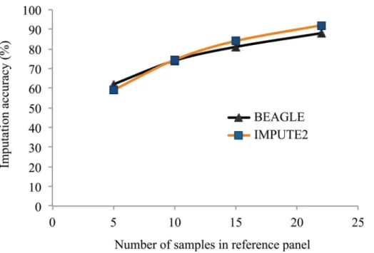 Fig 3. Imputation accuracy at untyped SNPs using reference panels of different sizes. SNPs identified through resequencing of a varying number (5 to 22) soybean accessions were used as a reference panel to impute the genotypes at these SNP loci in a set of