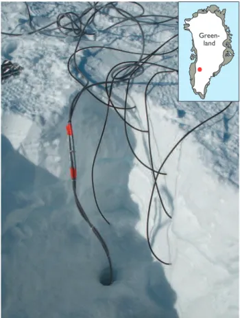 Fig. 1. After the installation of the temperature probes in May 2012 (thin  black cables) at the location of KAN_U on the Greenland ice sheet
