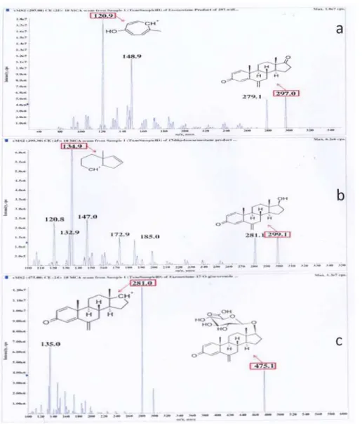 Fig 2. Product ion mass spectra of (a) Exe (b) 17DhExe and (c) Exe17Oglu.