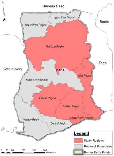 Fig 1. Map showing study areas and borders with neighbouring countries.