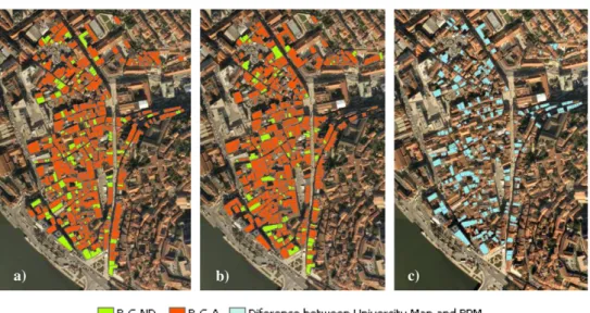 Fig. 13. (a) Extract of the aerial images (RGB321) overlaid with the buildings with ceramic roof tile not deteriorated obtained with the traditional methods