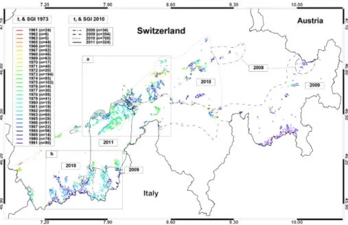 Figure 1. Glaciers in the Swiss Alps. Colours refer to the acquisition date of the elevation information (DHM25 Level 1) defining the beginning of the investigated period (t 1 )