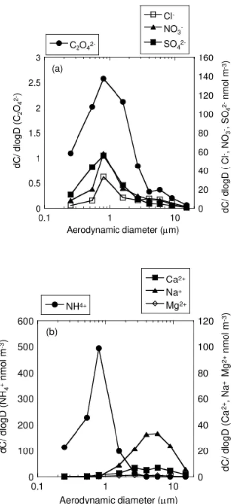 Fig. 2. The size distribution of WSCs in aerosols in winter at Tsukuba: (a) anions and (b) cations.