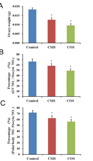 Fig 1. Effect of diquat on the ovary weight and oocyte quality. (A) In diquat-treated mice, ovary weights were significantly reduced as compared to those of control mice