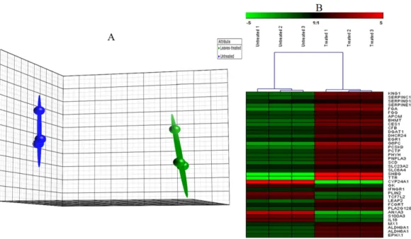 Figure 3 PCA plot. (A) A Principal Component Analysis (PCA) plot generated using Partek software of HepG2 cells grown in the presence or absence of the methanol leaf extract of T
